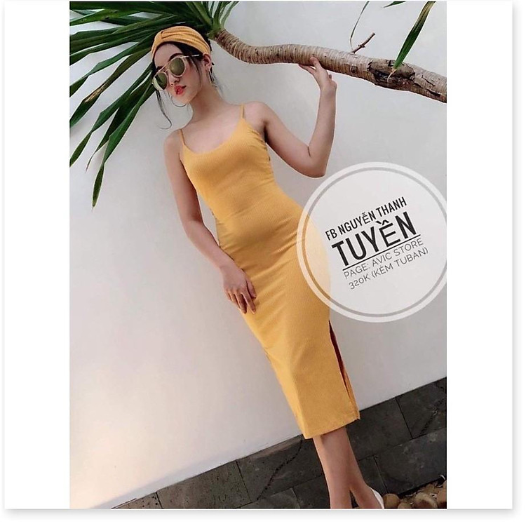 Đầm body 2 dây thun gân xẻ tà siêu quyến rũ