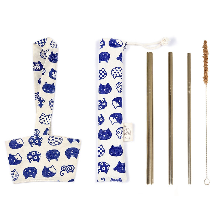 Combo Bộ 3 Ống hút kim loại Inox, Cọ rửa kim loại, Túi đựng + Quai vải đựng ly Mèo Xanh eco-friendly, thân thiện môi trường
