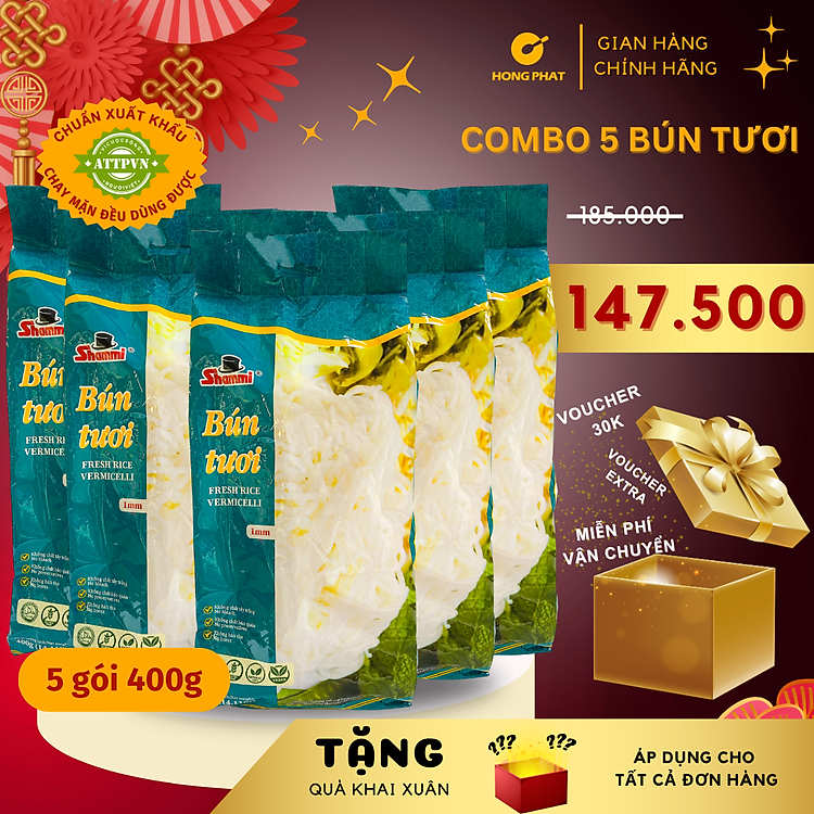 COMBO 5 Bún tươi khô Shammi 400g(bún tươi sấy khô hàng xuất khẩu không chất bảo quản, không hàn the)