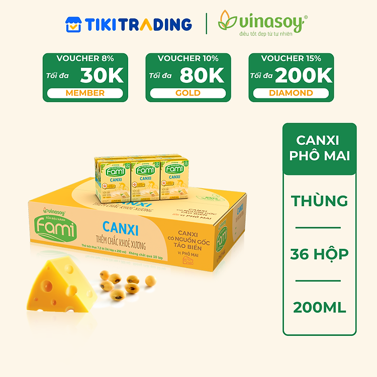 Thùng Sữa đậu nành Vinasoy Fami Canxi vị Phô Mai ( 200ml x 36 Hộp )
