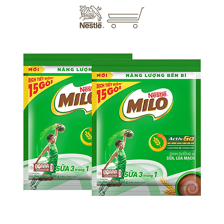 Combo 2 bịch thức uống lúa mạch Nestlé Milo sữa 3 trong 1 (Bịch 15 gói x 22g)