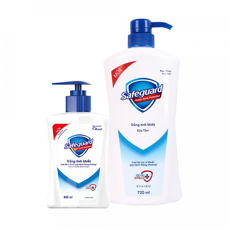 Bộ 02 sản phẩm Safeguard bao gồm: "01 Sữa Tắm Diệt Khuẩn Safeguard Trắng tinh khiết (720ml) + 01 Sữa Rửa Tay Diệt Khuẩn Trắng tinh khiết (450ml)"