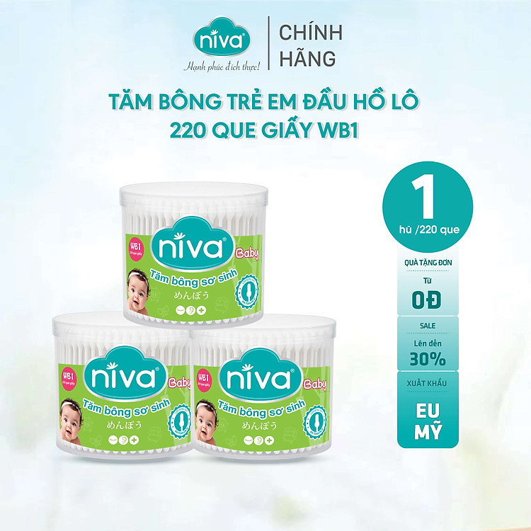 Hũ Xoay Tăm Bông Niva Cho Trẻ Em 220 Que Thân Giấy Đầu Hồ Lô WB1 Bông Tự Nhiên Thuần Khiết An Toàn
