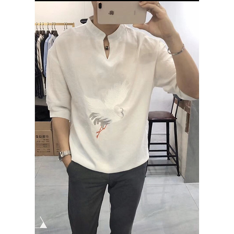 Áo sơ mi nam vải đủi trui cao cấp họa tiết thêu hạc