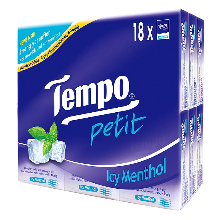 Lốc 18 Gói Khăn Giấy Bỏ Túi Tempo Petit Icy Menthol 4 Lớp (7 Tờ/1 Gói)