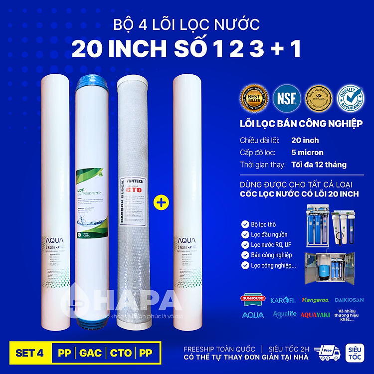 Bộ 3 Lõi Lọc Nước 20 inch Số 123 PP OCB GAC UDF CTO Bán Công Nghiệp Karofi Kangaroo Aqua Mutosi