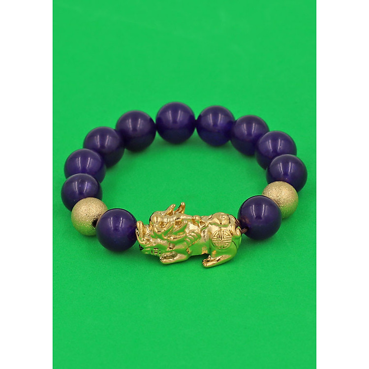 Vòng tay chuỗi hạt Thạch Anh Tím 14 ly charm Tỳ Hưu inox vàng TH4 - hợp mệnh Hỏa, mệnh Thổ