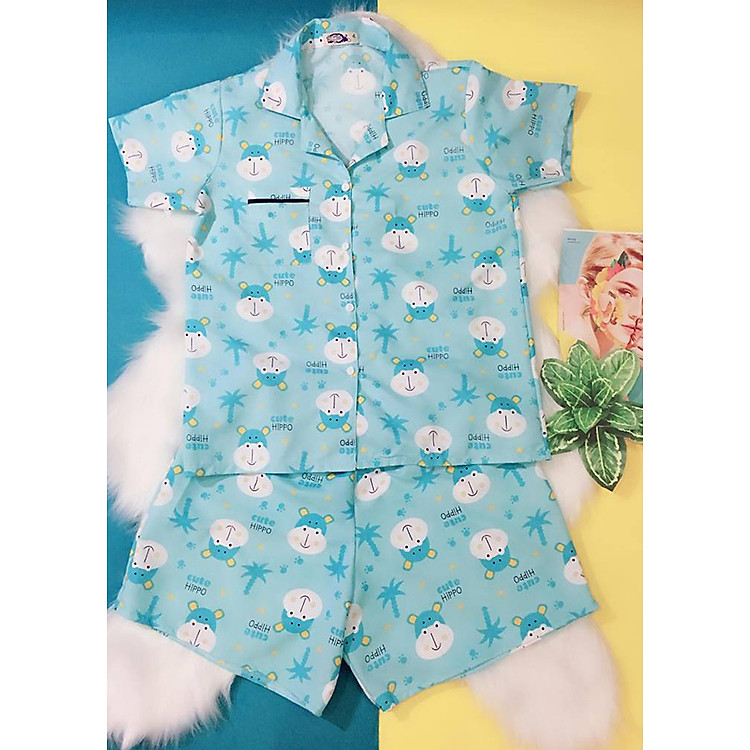 Bộ Ngắn Mặc Nhà Pijama Thái (Free Size) Vải Kate Họa Tiết Bò Sữa Pijama3107 - Xanh lá cây nhạt