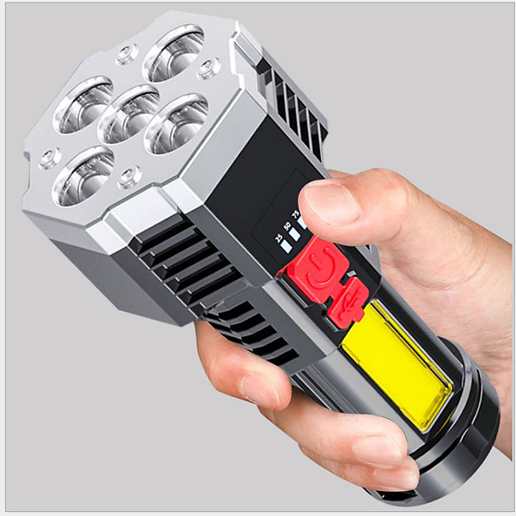 Đèn Pin LED cầm tay 5 pha siêu sáng kèm pin sạc gắn sẵn bên trong, có đèn chiếu sáng khi mất điện