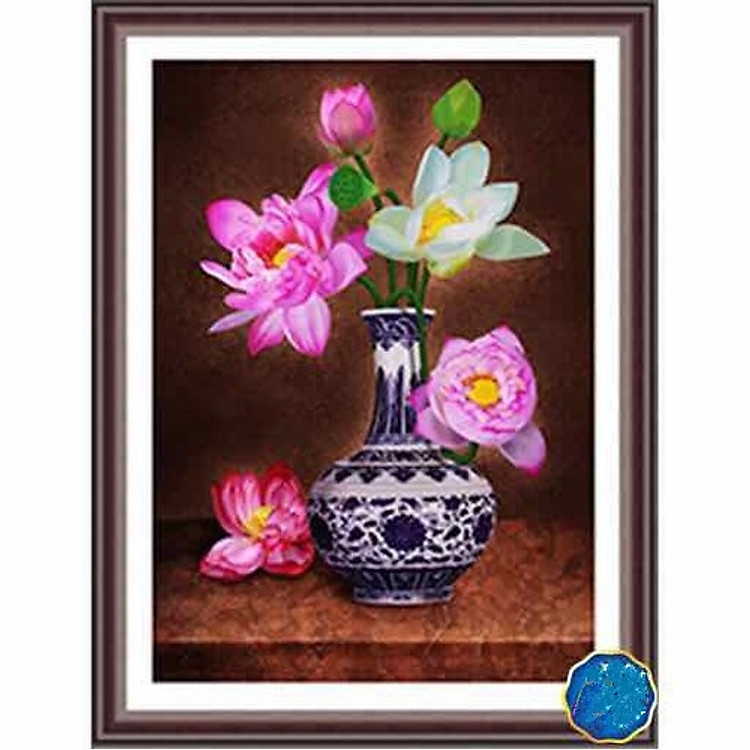 Tranh thêu chữ thập 3D Bình hoa Sen (45x60cm) chưa thêu