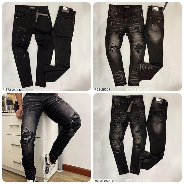 Quần bò amiri ống bo - Quần jean nam thêu chữ phối rách siêu đẹp