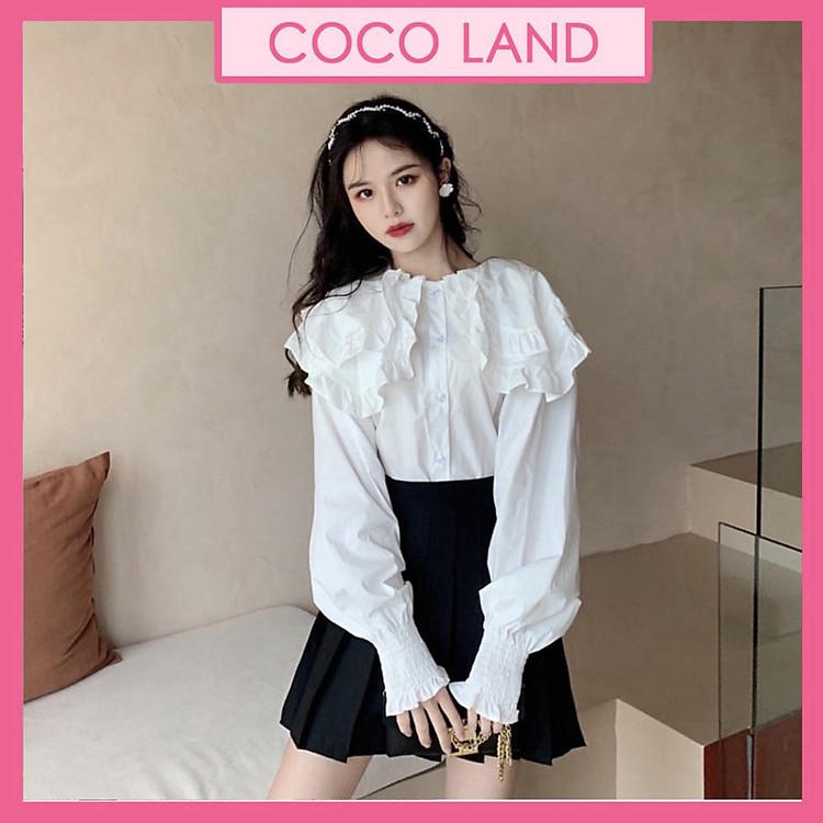 Áo Sơmi Cổ Bèo Tay Phồng Tiểu Thư Tay Bo Chun_A016 babydoll mầu trắng, xanh nhạt, nữ tính đáng yêu sang chảnh