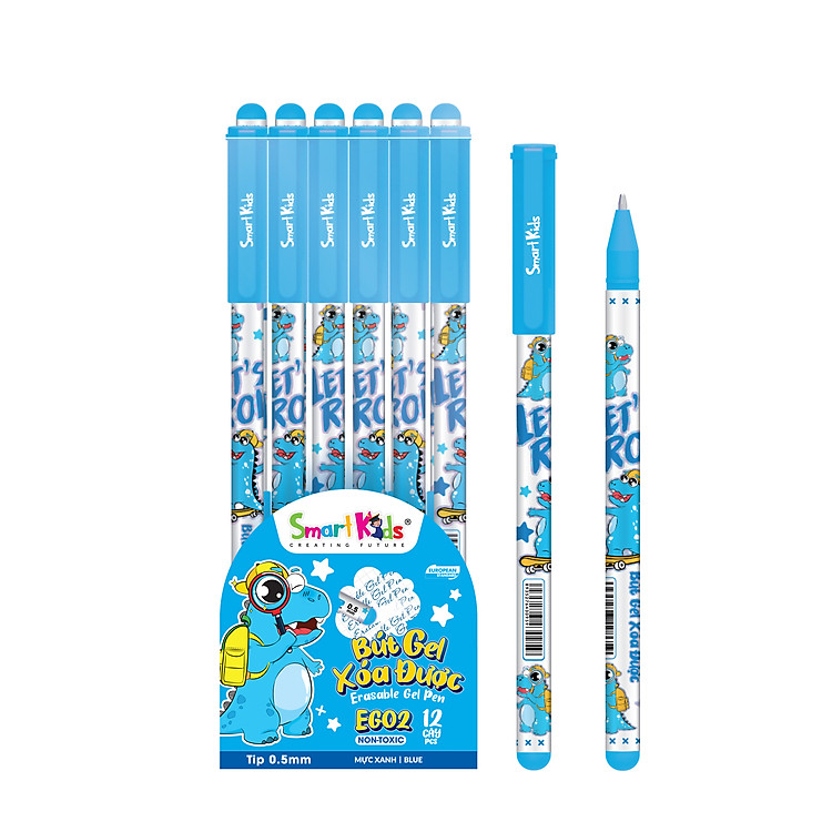 Hộp 12 Bút Gel Xóa Được Smartkids Dino EG02 ngòi 0.5mm (mực tím, xanh, đen)