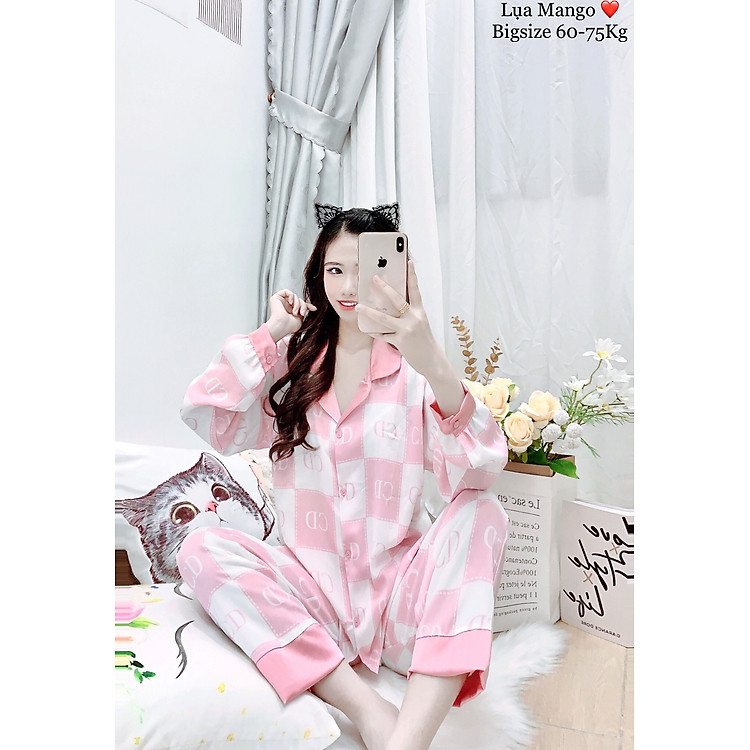 Đồ Bộ Pijama Lụa Mango Cao Cấp Tay Dài Quần Dài (gấu hồng/gấu đen/ô hồng) Bigsize 60-75Kg