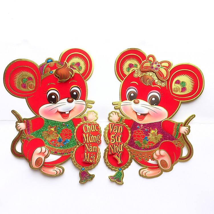 Cặp tranh 3D chuột nhung đỏ trang trí Tết (Nhiều kích cỡ)