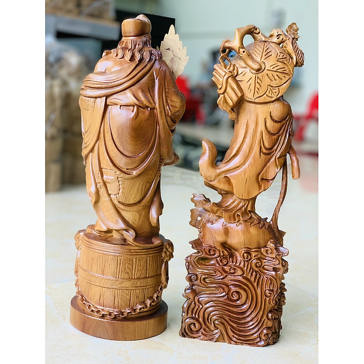 Cặp Tượng Tế Công và Đạt Ma Sư Tổ Gỗ Bách Xanh (40×12×11cm) - Ảnh 2