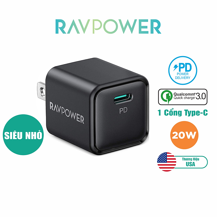 Adapter Củ Sạc Siêu Nhỏ RAVPower RP-PC150 USB Type C PD 20W Sạc Nhanh iPhone, iPad, Android - Hàng Chính Hãng