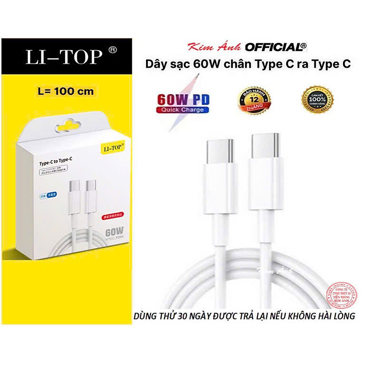Dây sạc LI-TOP PD08 Công suất 60W chân Type C ra Type C, được dùng thử 30 ngày, Kim Ánh bảo hành hàng chính hãng 12 tháng