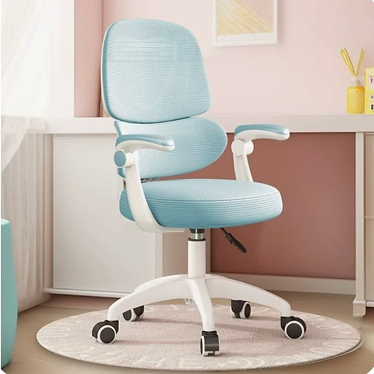 Ghế xoay học sinh học bài chống gù CE1024-M Nội thất Capta Ghế lưng lưới chống gù ngồi học bài cho bé nệm vải màu xanh xám hồng chân xoay nhựa nâng hạ màu trắng