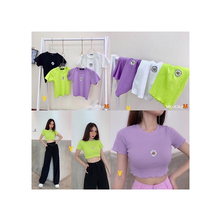 Áo croptop kiểu thêu cúc cuốn biên