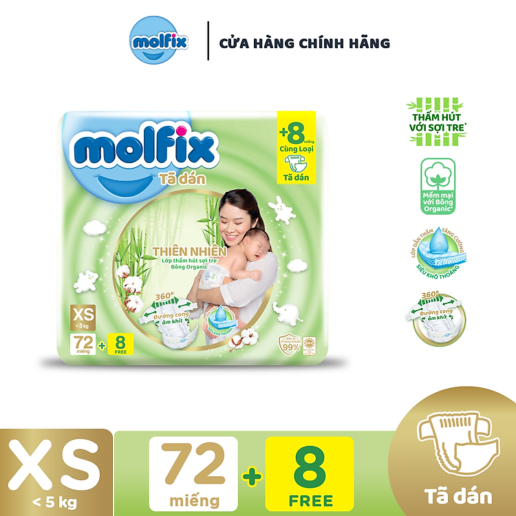 Tã/bỉm dán sơ sinh Molfix Thiên nhiên Jumbo Newborn (dưới 5kg) - Gói 70 miếng