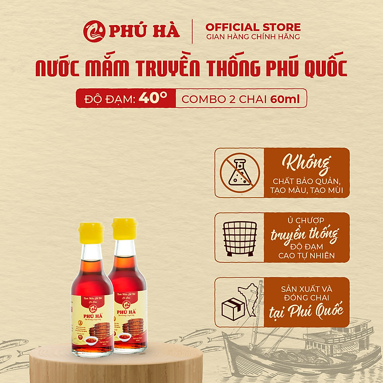 Nước mắm truyền thống Phú Quốc Phú Hà 40 độ đạm - Combo 2 chai 60ml