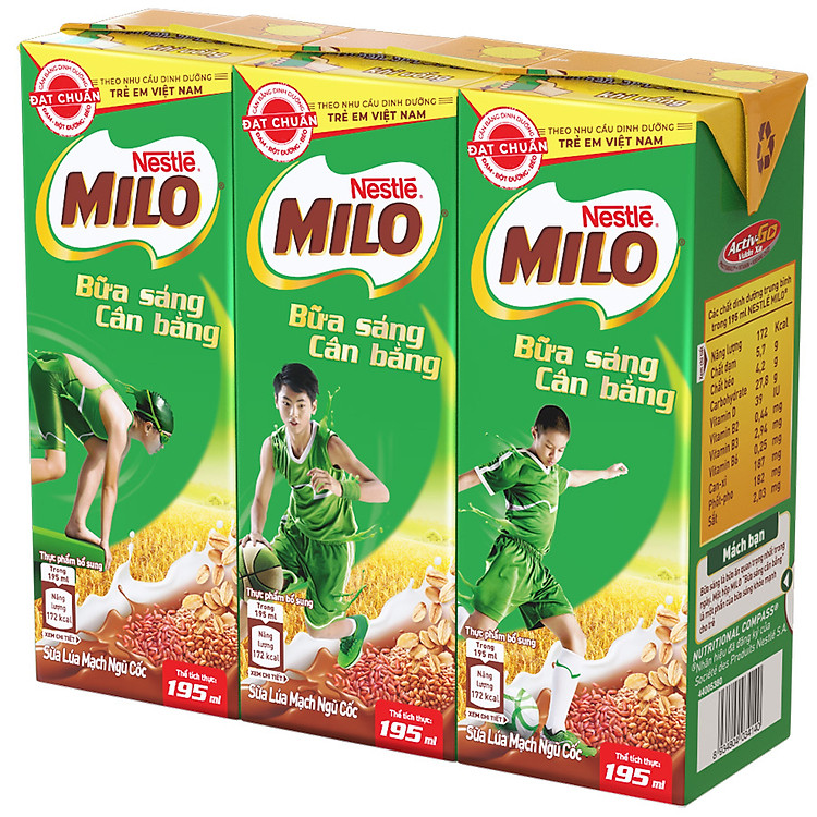Lốc 3 Hộp Sữa Nestlé Milo Bữa Sáng (195ml/Hộp)