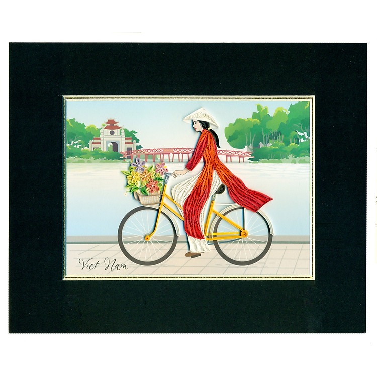 Tranh Giấy Xoắn Nghệ Thuật size 20x25cm - Cô Gái Bên Tà Áo Dài Đỏ.