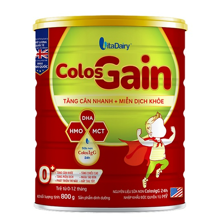 Sữa bột Colos Gain 0+ 800g giúp bé tăng cân hiệu quả, giảm táo bón, miễn dịch khỏe - VitaDairy