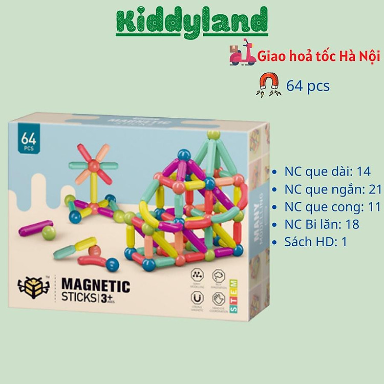Đồ chơi Que từ tính tròn lắp ráp xếp hình khối nam châm MAGNETIC STICKS 64 chi tiết