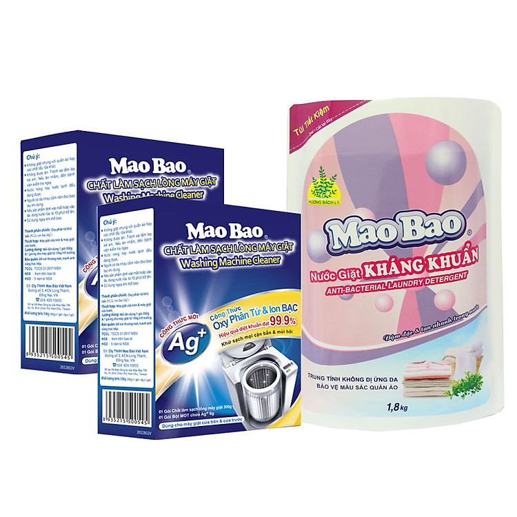 Combo 02 Hộp Chất Làm Sạch Lồng Máy Giặt Mao Bao (300g / Hộp) + Túi Nước Giặt Kháng Khuẩn Mao Bao (1800g)