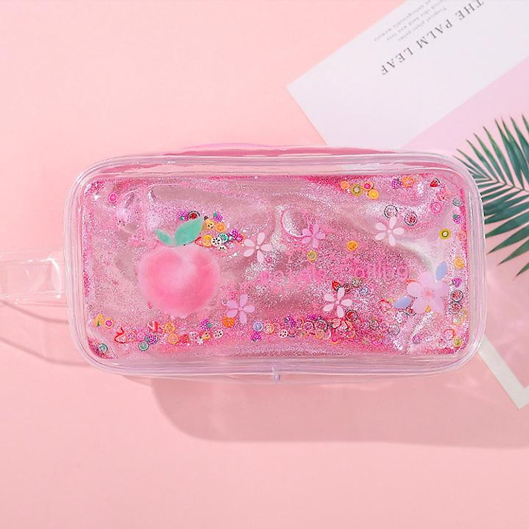 Hộp bút nhựa trong suốt hình quả đào hồng nhũ kim tuyến nước - nhiều mẫu