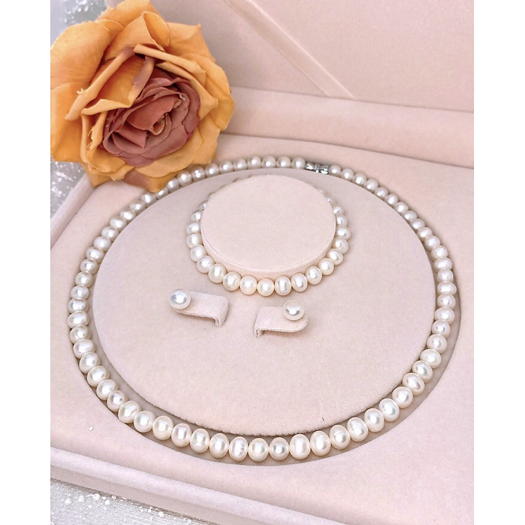 Bộ Ngọc Trai Nuôi Thiên Nhiên Vòng Cổ Vòng Tay Khuyên Tai Cao Cấp Kèm Giấy Kiểm Định BCB001 Bạc Hiểu Minh