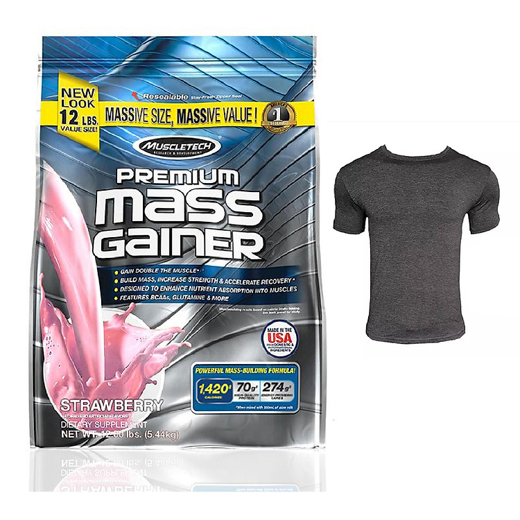 Combo Sữa tăng cân tăng cơ Premium Mass Gainer hương Strawberry (dâu) bịch lớn 5.45kg & Áo thun thể thao (size M 56-68 kg)