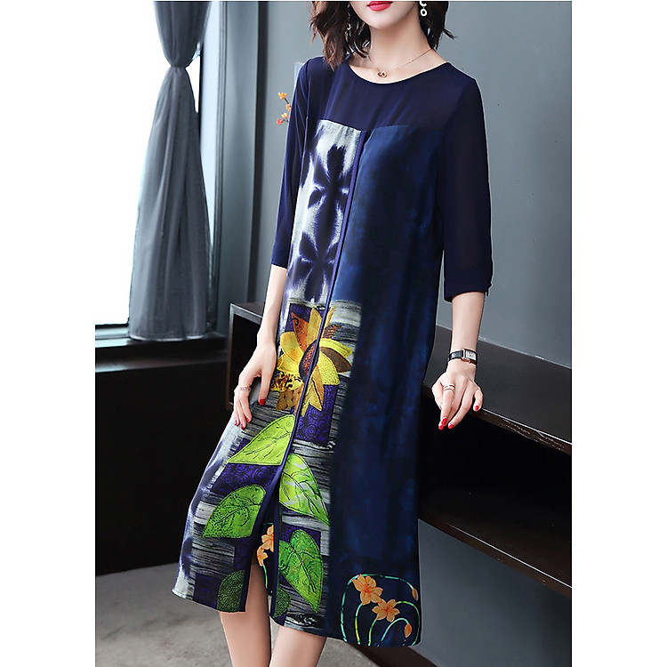 Đầm Suông Dạo Phố Kiểu Đầm Suông Big Size In Họa Tiết Hoa Hướng Dương Xanh Đen GOTI1568