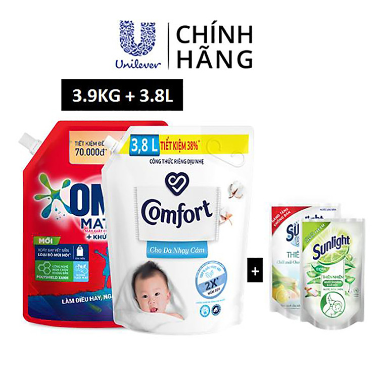 Combo Nước Giặt Omo Matic Cửa Trên Xoáy Bay Vết Bẩn Sạch Bẩn Khử Mùi Toàn Diện 3.9Kg + Nước Xả Comfort Chăm Sóc Dịu Nhẹ Cho Da Nhạy Cảm 3.8L