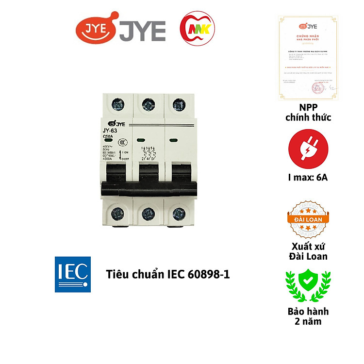 Cầu dao MCB JY-63 3P 6A/ 10A/ 16A/ 20A/ 25A/ 32A/ 40A/ 50A/ 63A hàng chính hãng