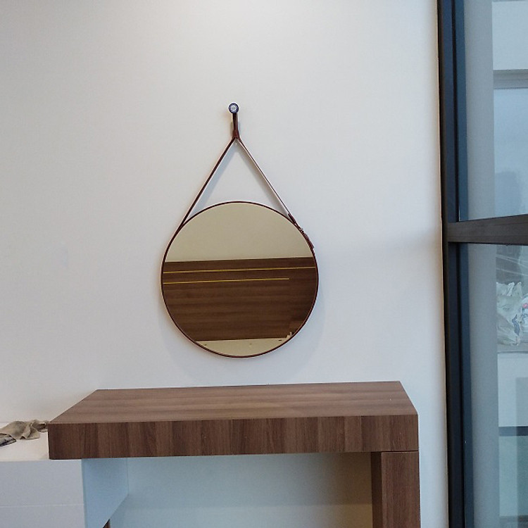 Gương tròn trang điểm treo dây da nâu 50cm Navado