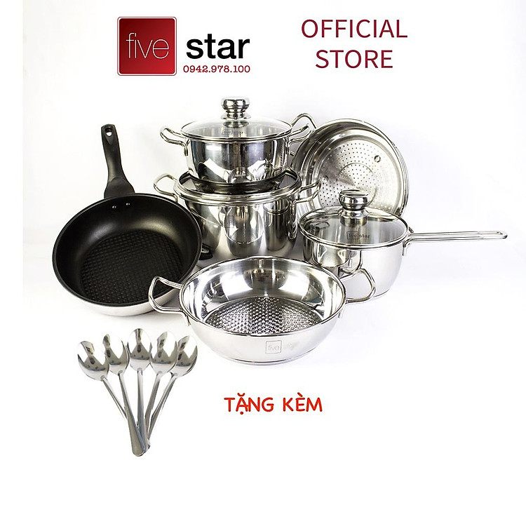 Bộ Nồi Inox và chảo Chống Dính 3 Đáy Inox 430 Cao Cấp Fivestar Standard 6 món bếp từ nắp kính , tặng 5 muỗng ăn