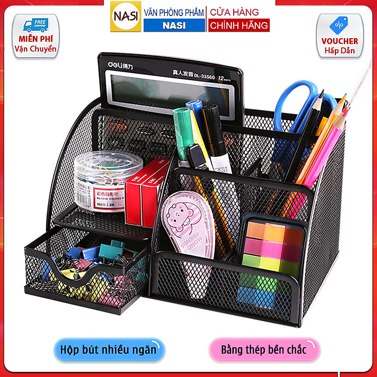 Hộp đựng bút để bàn Văn Phòng Phẩm NASI NS06 nhiều ngăn bằng thép sơn tĩnh điện cứng chắc khay đựng kệ để bút học sinh