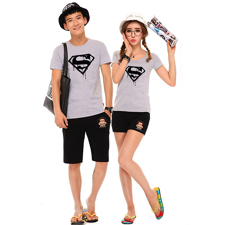 Bộ Áo Thun Đôi Nam Nữ Siêu Nhân Màu Xám