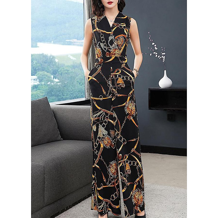 Jumpsuit dài nữ tính kiểu jumpsuit lụa cổ đắp chéo in họa tiết mắc xích ROMI 3109