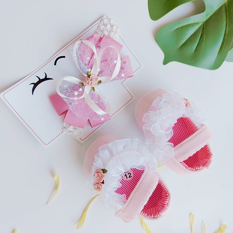 Bộ sản phẩm Giày tập đi + 1 Băng Đô cho bé gái sơ sinh từ 0 - 12 tháng - Quà tặng thôi nôi- Ma08 - màu hồng nơ trắng đính ngọc
