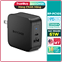 Adapter Sạc 2 Cổng Tích Hợp Type-C In/Out Hỗ Trợ Sạc Nhanh PD Power Delivery 61W RAVPower RP-PC105 - Hàng Chính Hãng