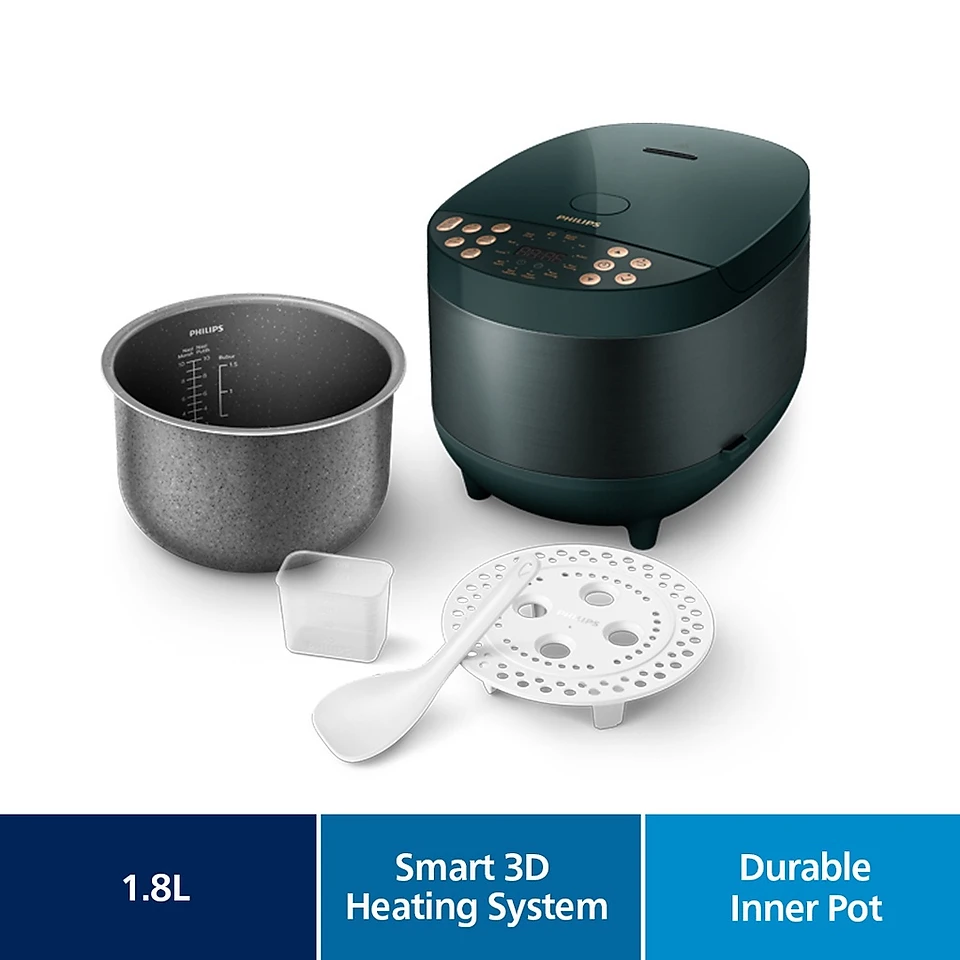 Nồi Cơm Điện Tử Philips HD451862, Công Nghệ Nấu 3D 18 Chức Năng, 940W-1.8Lit, Hàng Chính Hãng