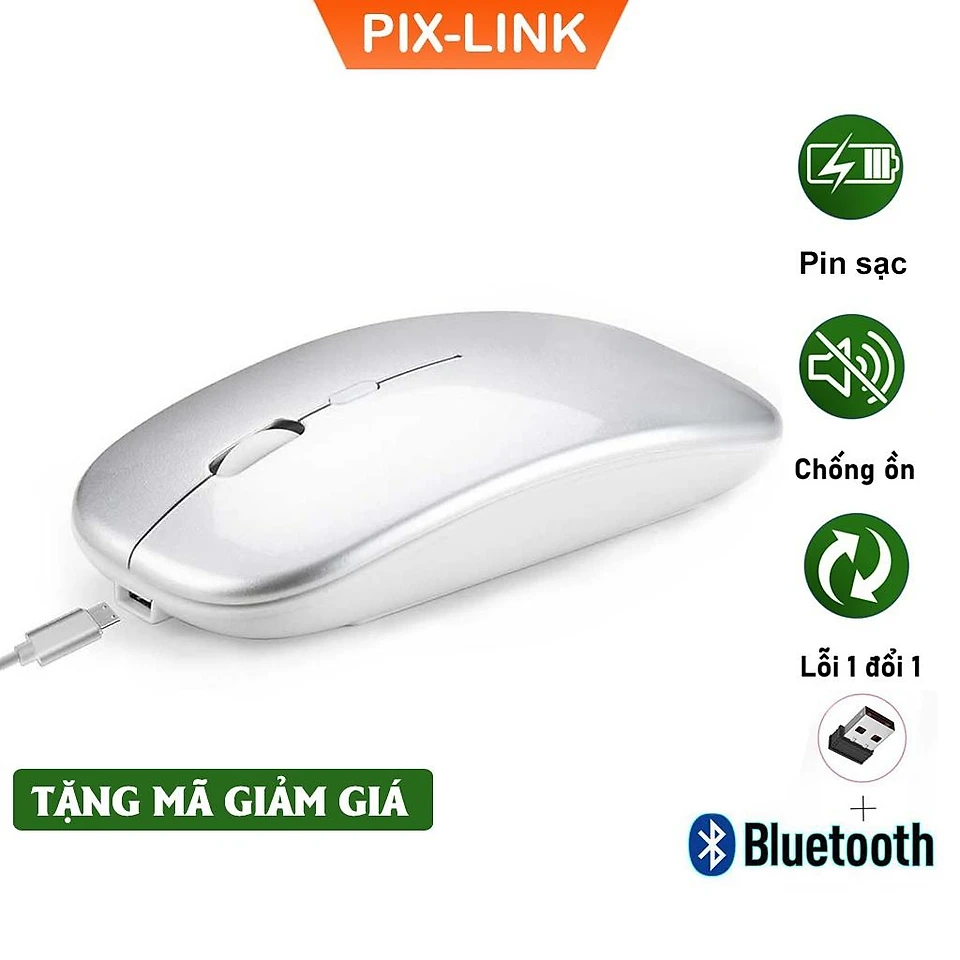 Chuột Bluetooth Không Dây PIX-LINK P90A Wireless USB Tự Sạc Pin Siêu Mỏng, Chống Ồn - Hàng Chính Hãng - M90-Bạc