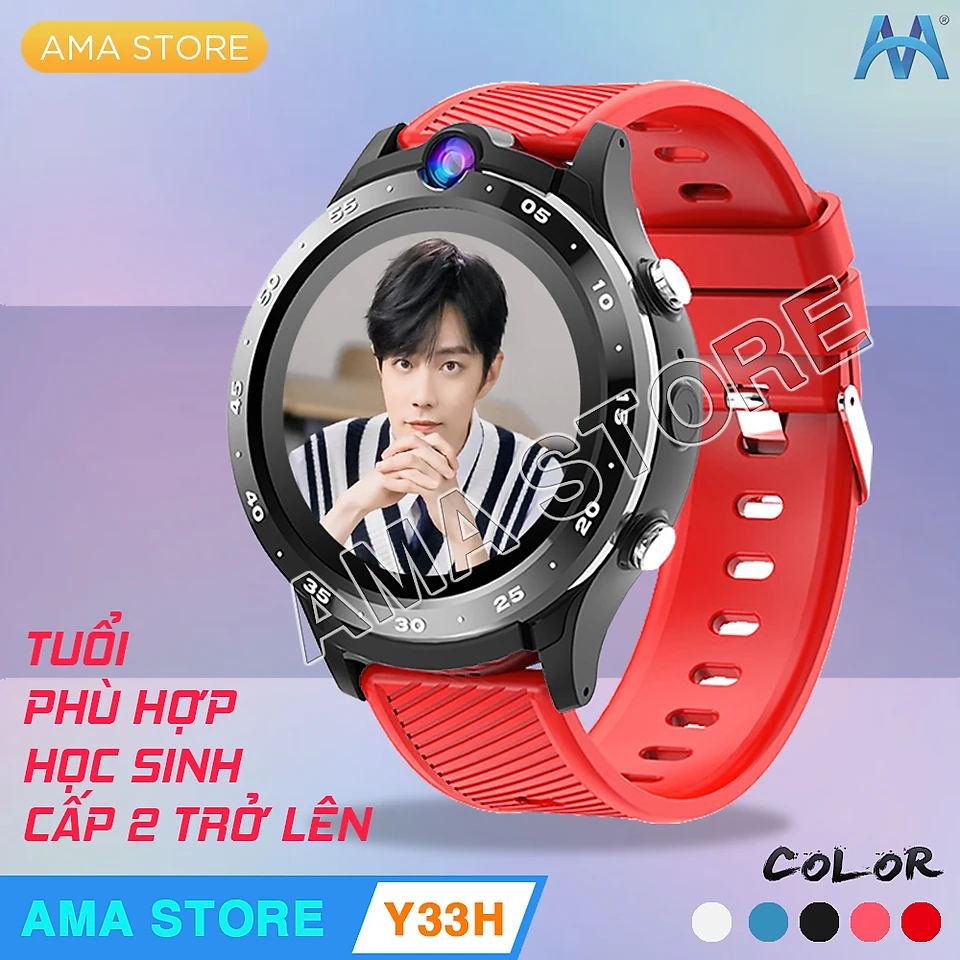 Đồng hồ Thông minh Gắn Sim Định vị Cho Học sinh THCS, THPT Model AMA Watch Y33H - Hàng nhập khẩu - Đen - Dây Đỏ