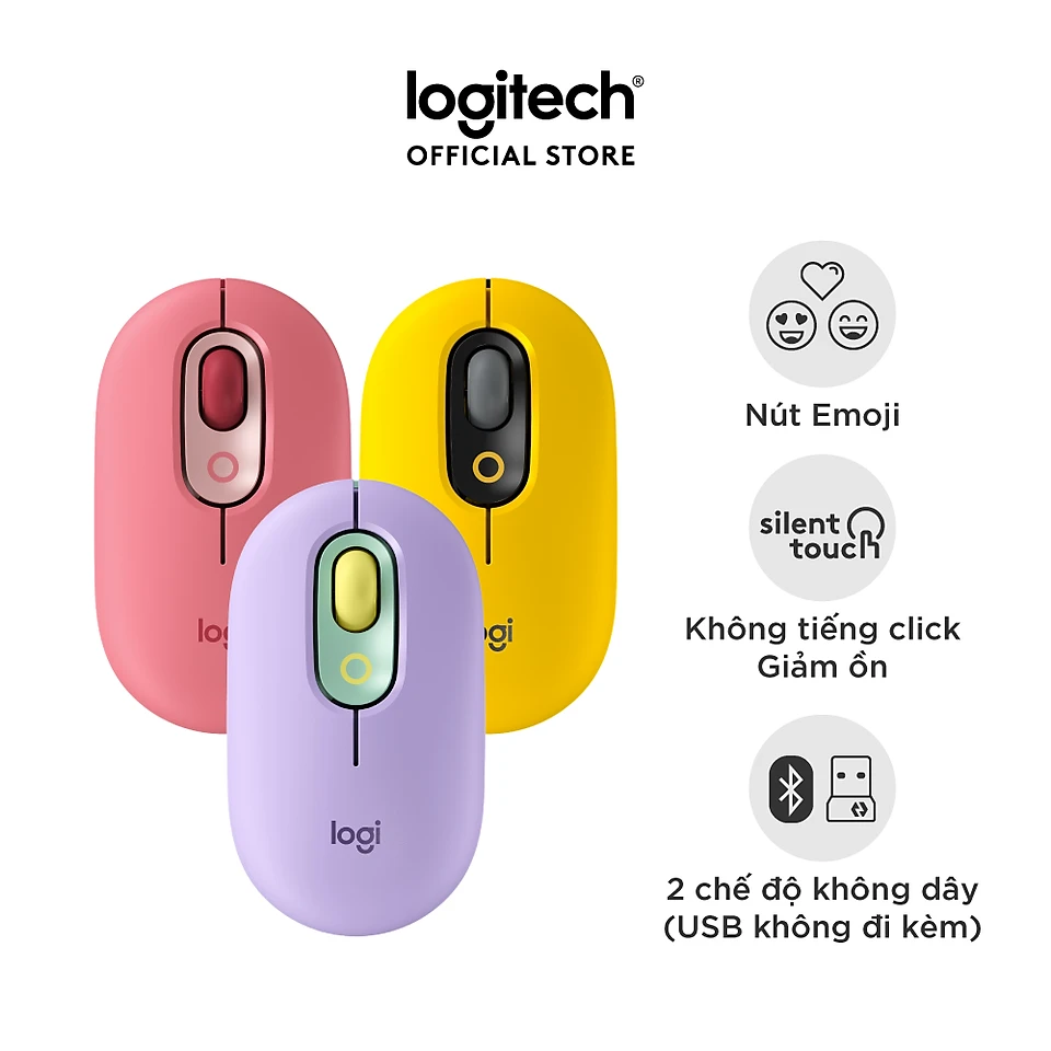 Chuột không dây bluetooth Logitech POP MOUSE - giảm ồn, nút emoji tùy chỉnh - Hàng chính hãng - Màu Hồng HeartBreaker
