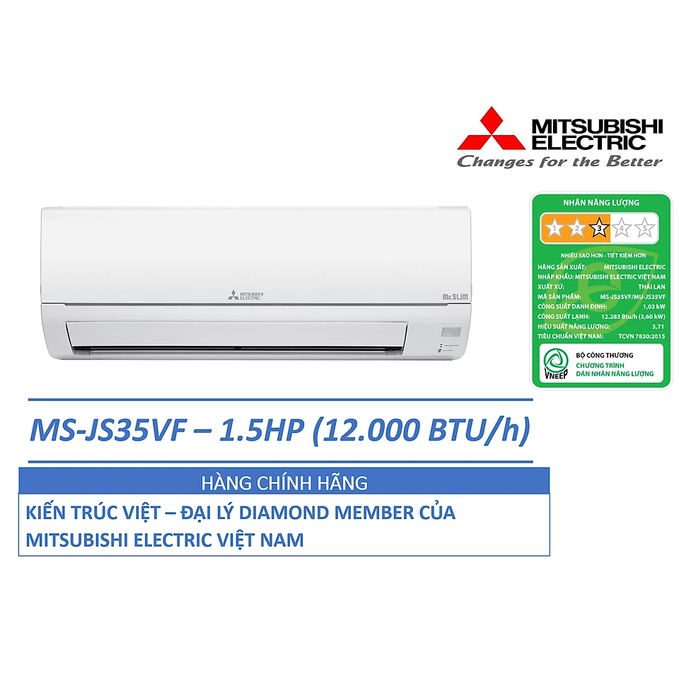 ĐIỀU HÒA KHÔNG KHÍ MÁY LẠNH MITSUBISHI ELECTRIC MS-JS35VF - 1.5 HPNGỰA 12,000 BTUh - NON-INVERTER - HÀNG CHÍNH HÃNG