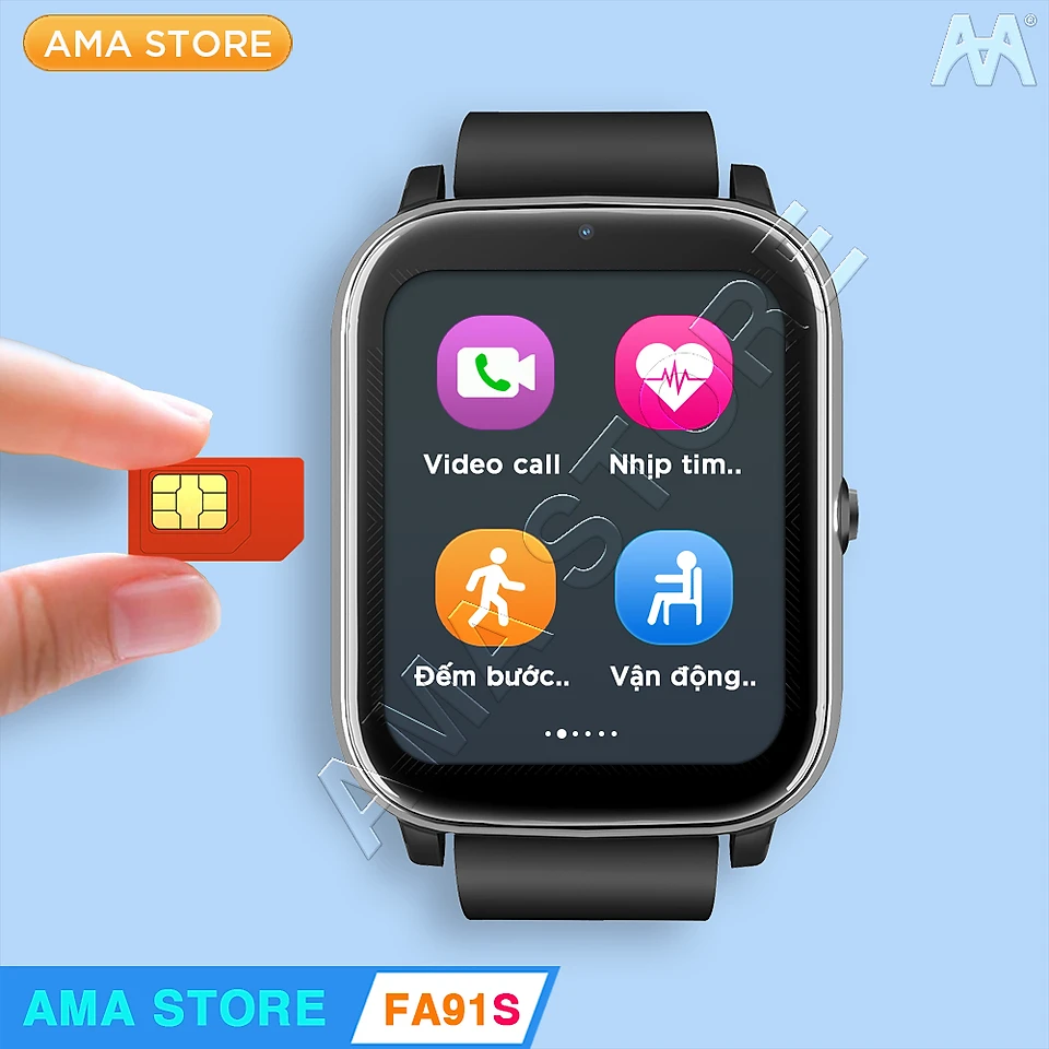 Đồng hồ Thông minh Mini có Rung Găn sim Định vị GPS, Wifi Đo huyết áp Nhịp tim nhắc nhở Vận động goi Video call AMA Watch FA91S - Hàng nhập khẩu - Đen Black
